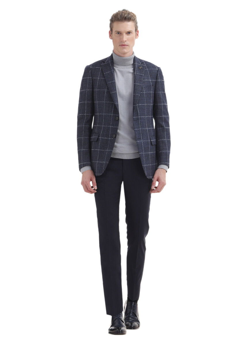 Navy Blue Checkered Regular Fit Silk Blended Jacket - 2