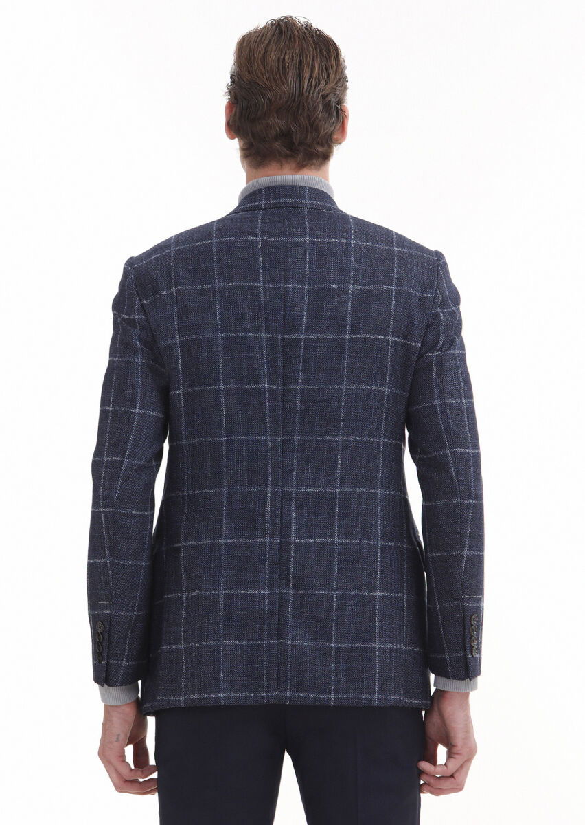 Navy Blue Checkered Regular Fit Silk Blended Jacket - 5