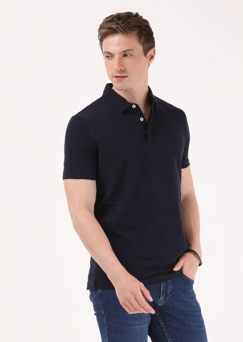 Navy Blue Jacquard Polo Neck 100% Cotton T-Shirt - 4