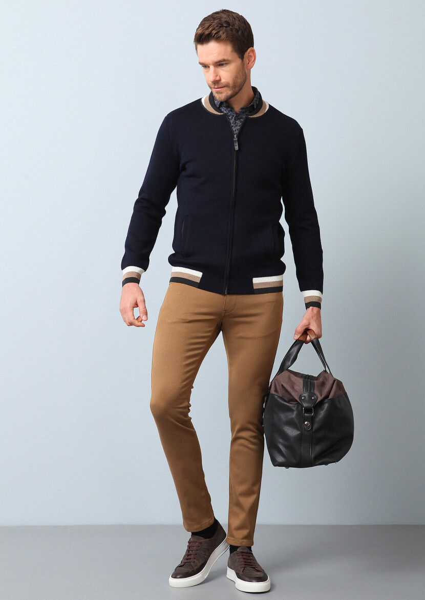 Navy Blue Jacquard Wool Blended Cardigan 