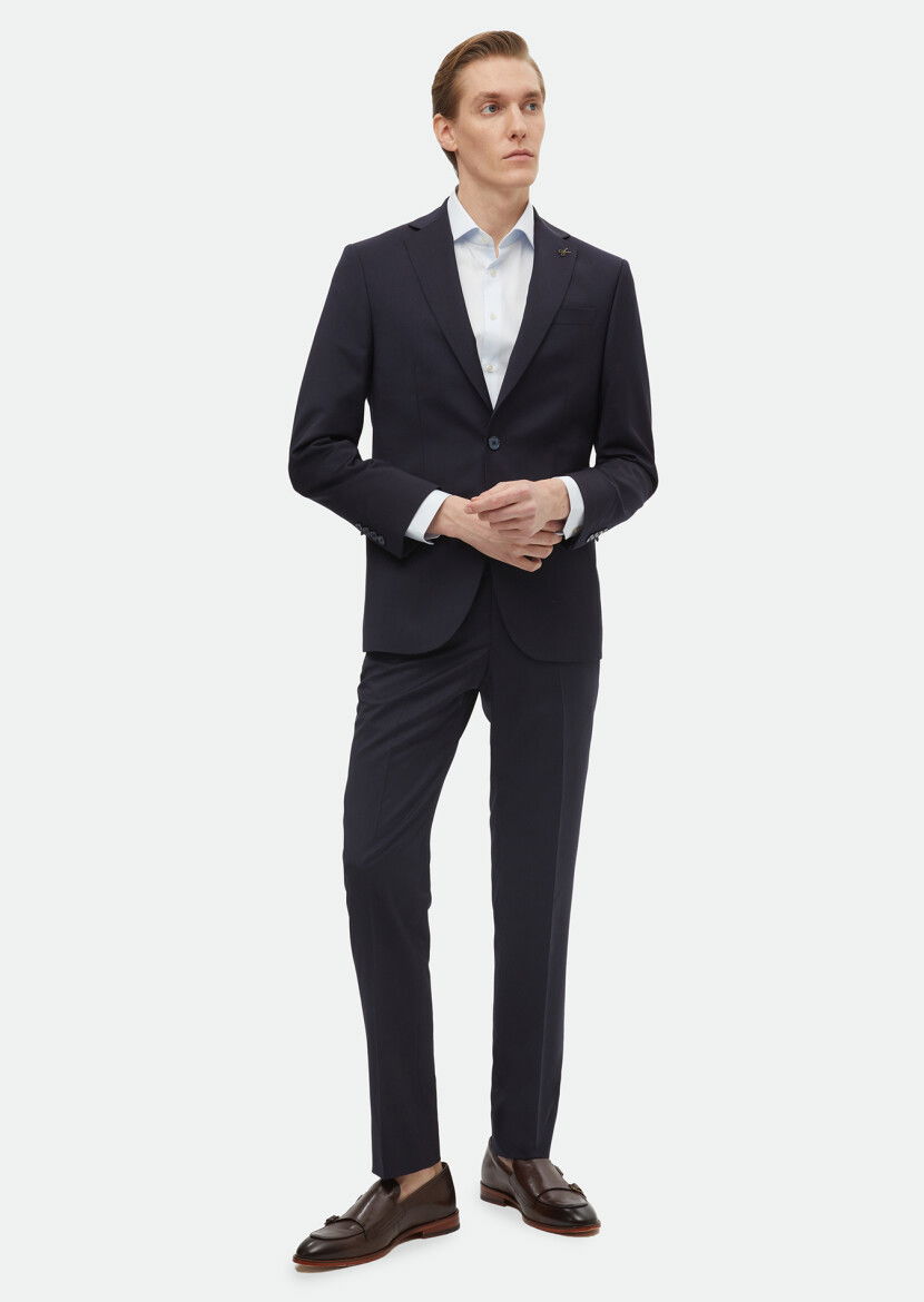 Navy Blue Plain Modern Fit 100% Wool Suit - 3