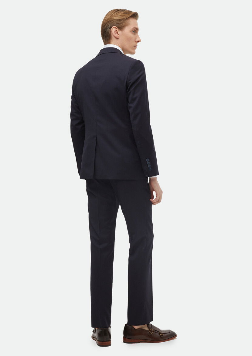 Navy Blue Plain Modern Fit 100% Wool Suit - 6