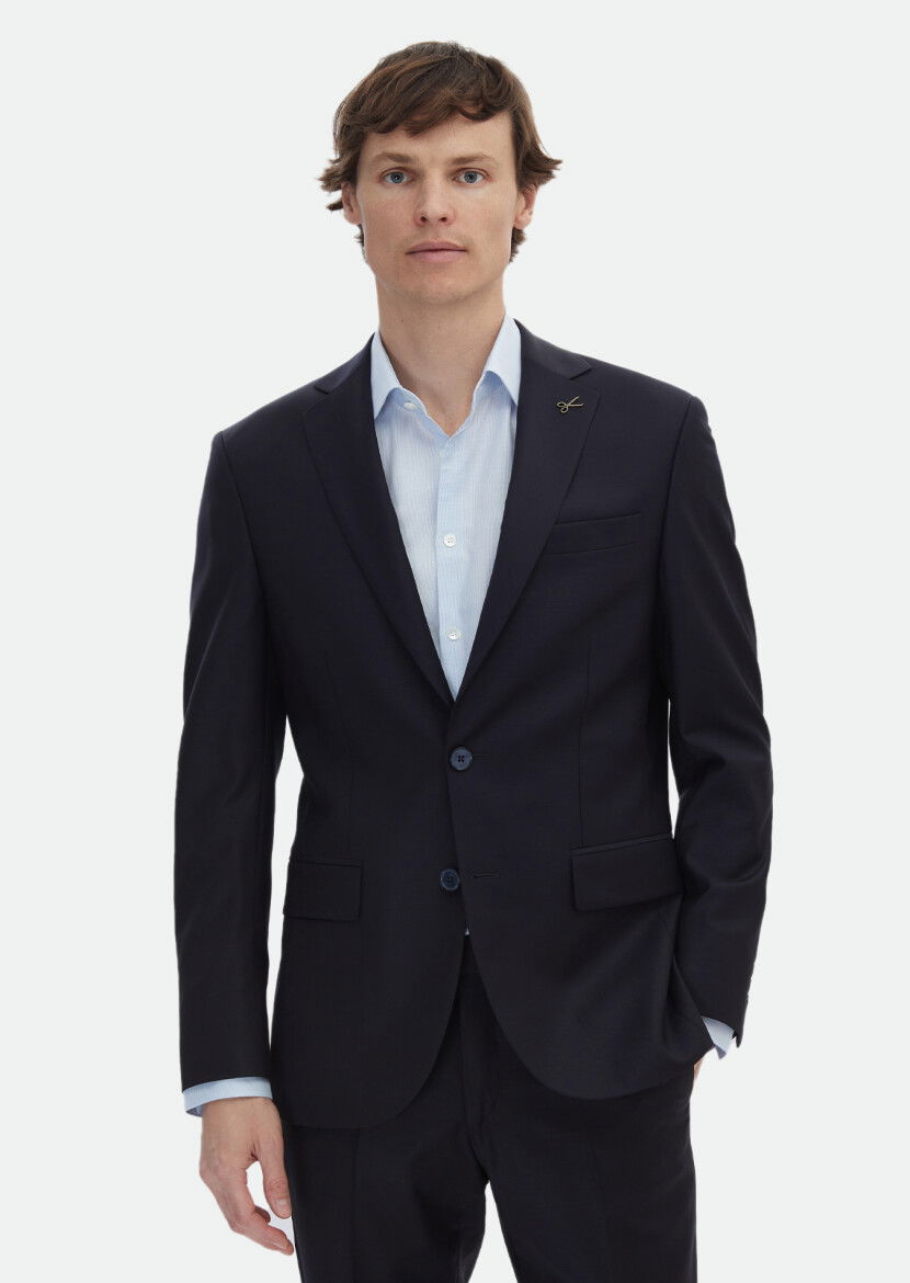 Navy Blue Plain Modern Fit Wool Blended Suit - 1