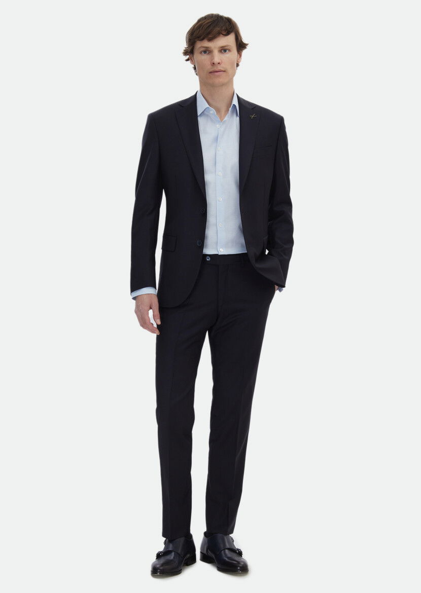 Navy Blue Plain Modern Fit Wool Blended Suit - 2