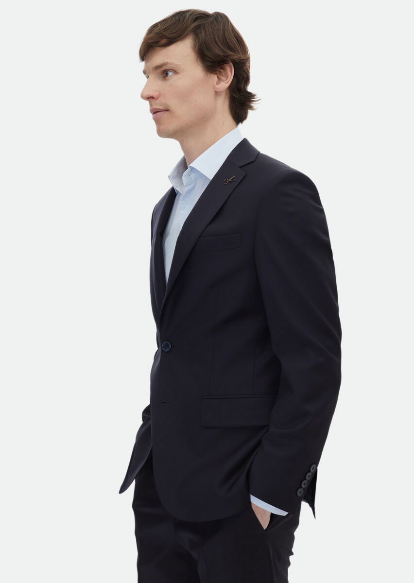 Navy Blue Plain Modern Fit Wool Blended Suit - 3