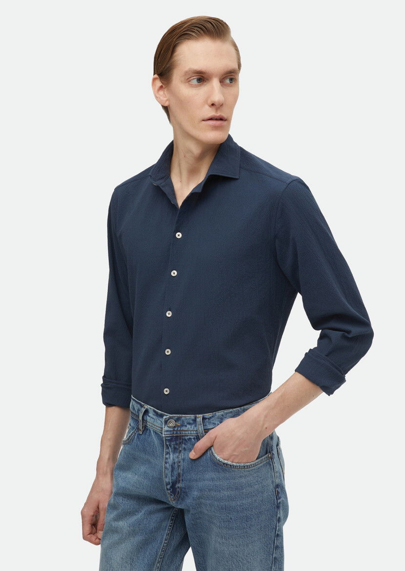 Navy Blue Plain Regular Fit Weaving Casual Cotton Blended Shirt 