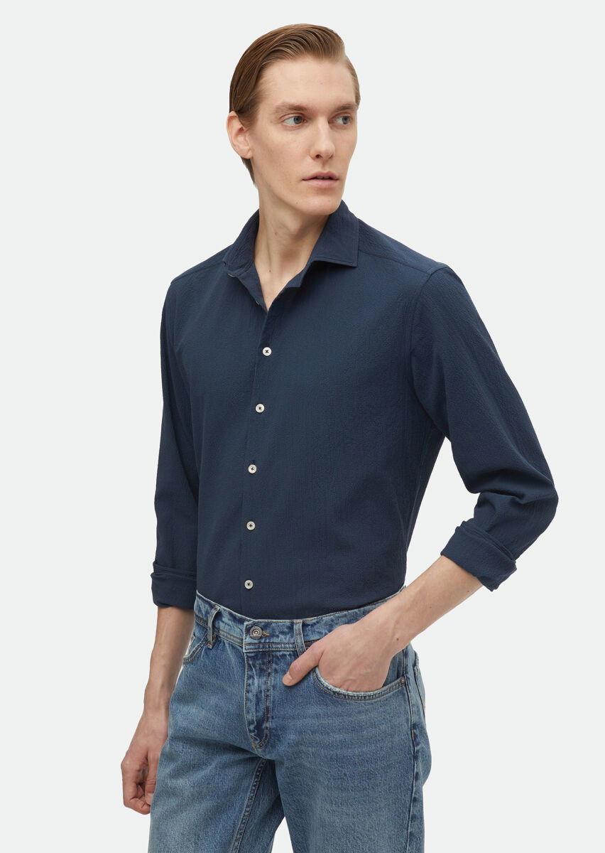 Navy Blue Plain Regular Fit Weaving Casual Cotton Blended Shirt - 1