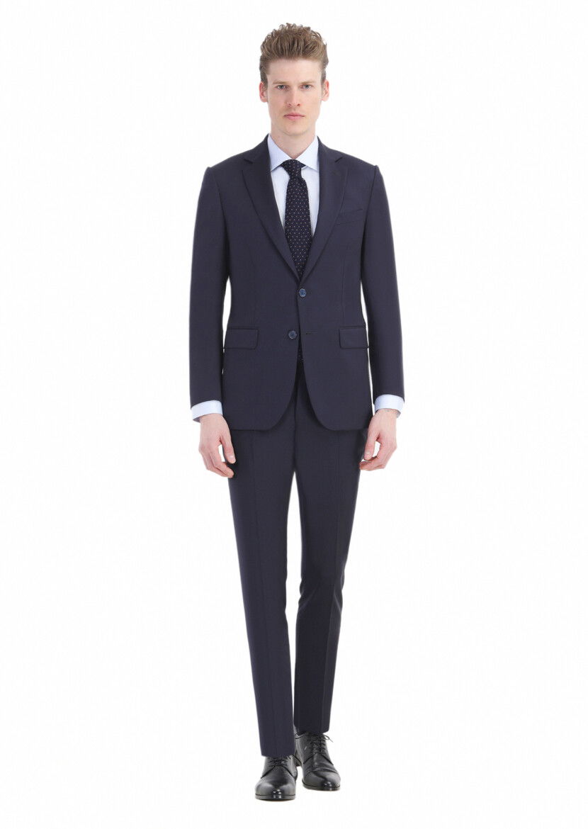 Navy Blue Plain Thin&Taller Slim Fit 100% Wool Suit - 1