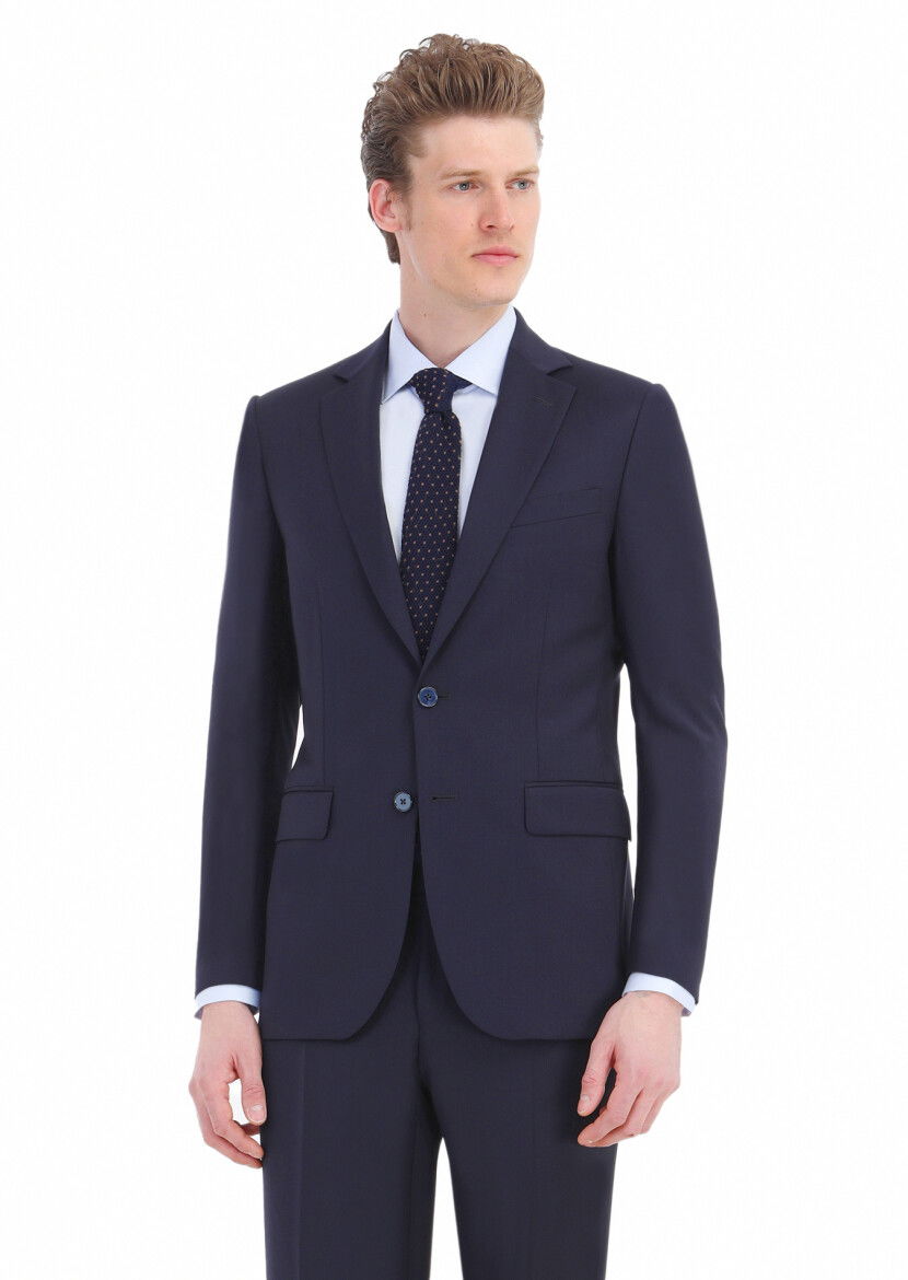 Navy Blue Plain Thin&Taller Slim Fit 100% Wool Suit - 2