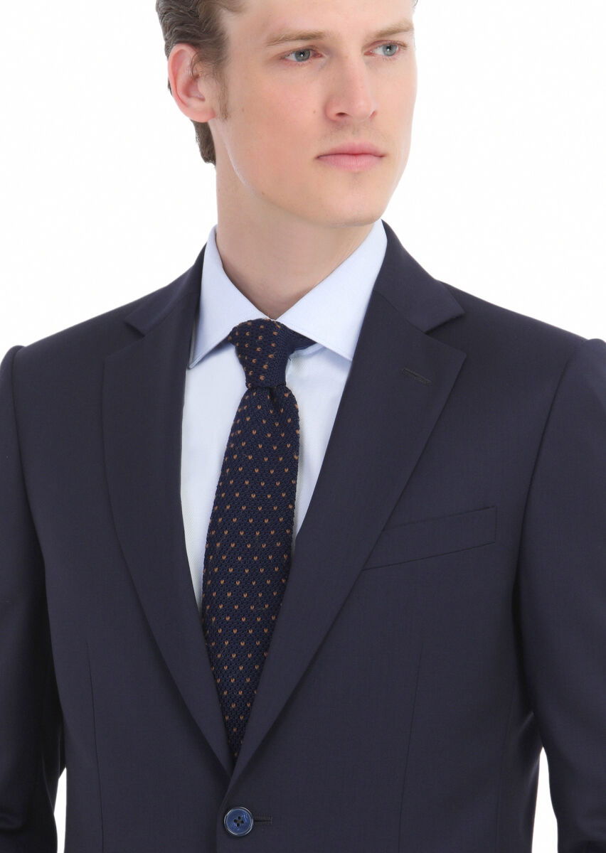 Navy Blue Plain Thin&Taller Slim Fit 100% Wool Suit - 4