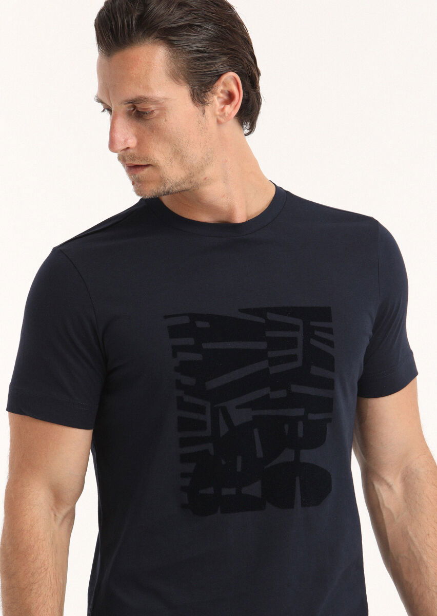 Navy Blue Printed Crew Neck 100% Cotton T-Shirt - 2