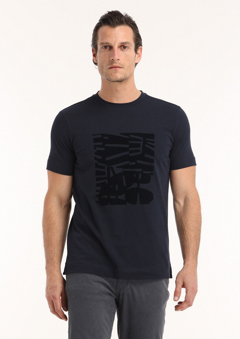 Navy Blue Printed Crew Neck 100% Cotton T-Shirt - 3