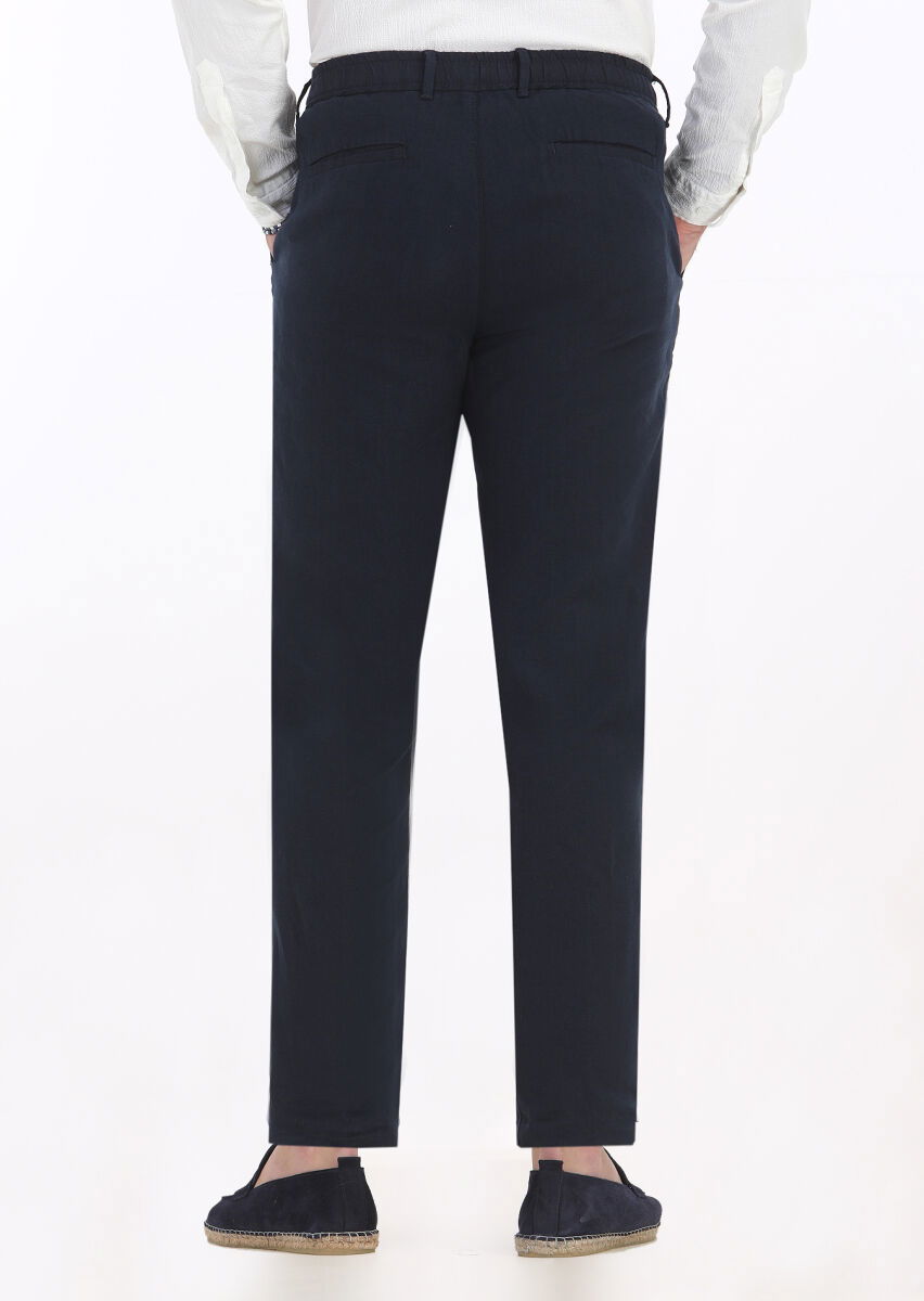 Navy Blue Weaving Jogging Fit Casual 100% Linen Trousers - 4