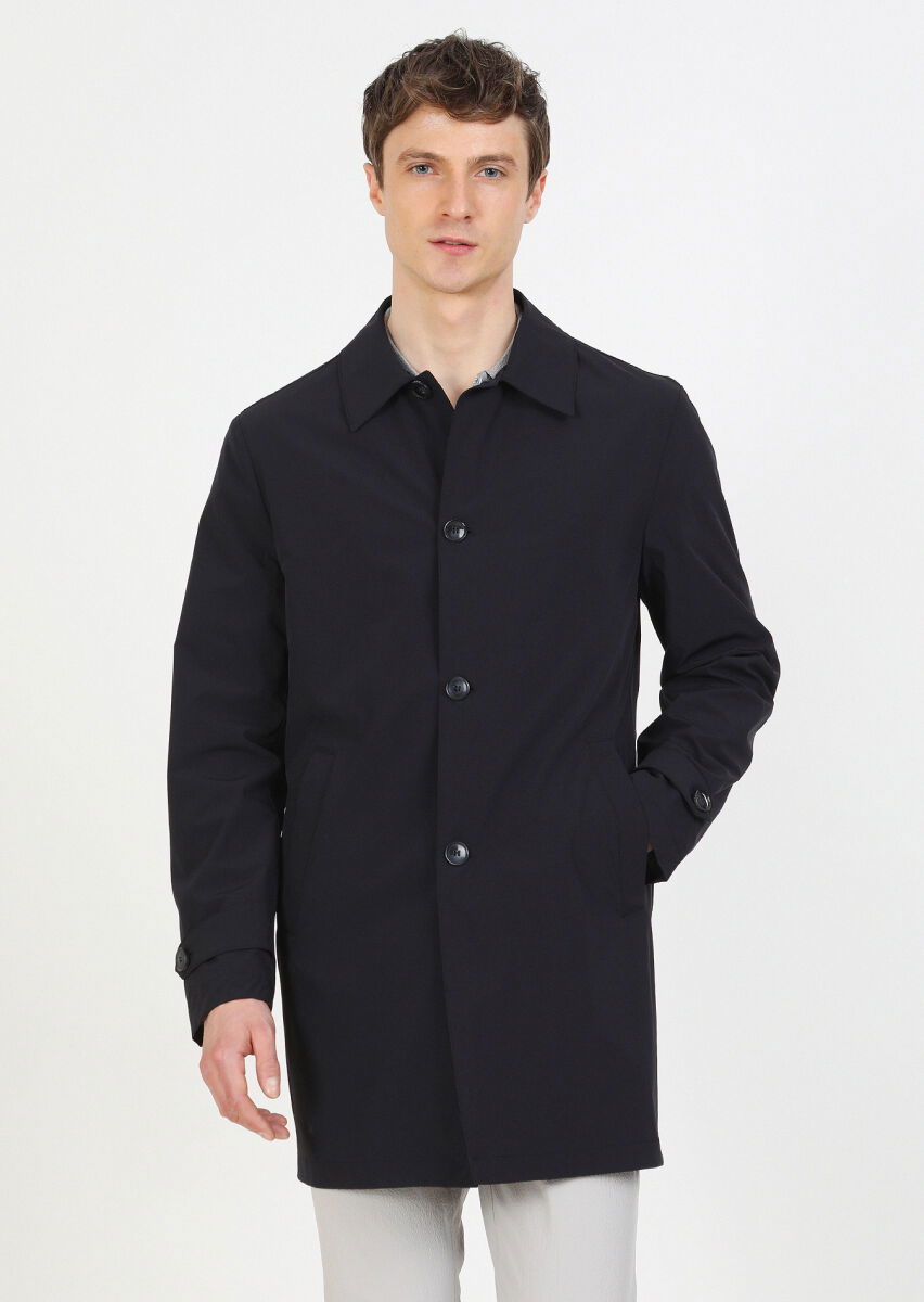 Navy Blue Weaving Rain Coat - 1
