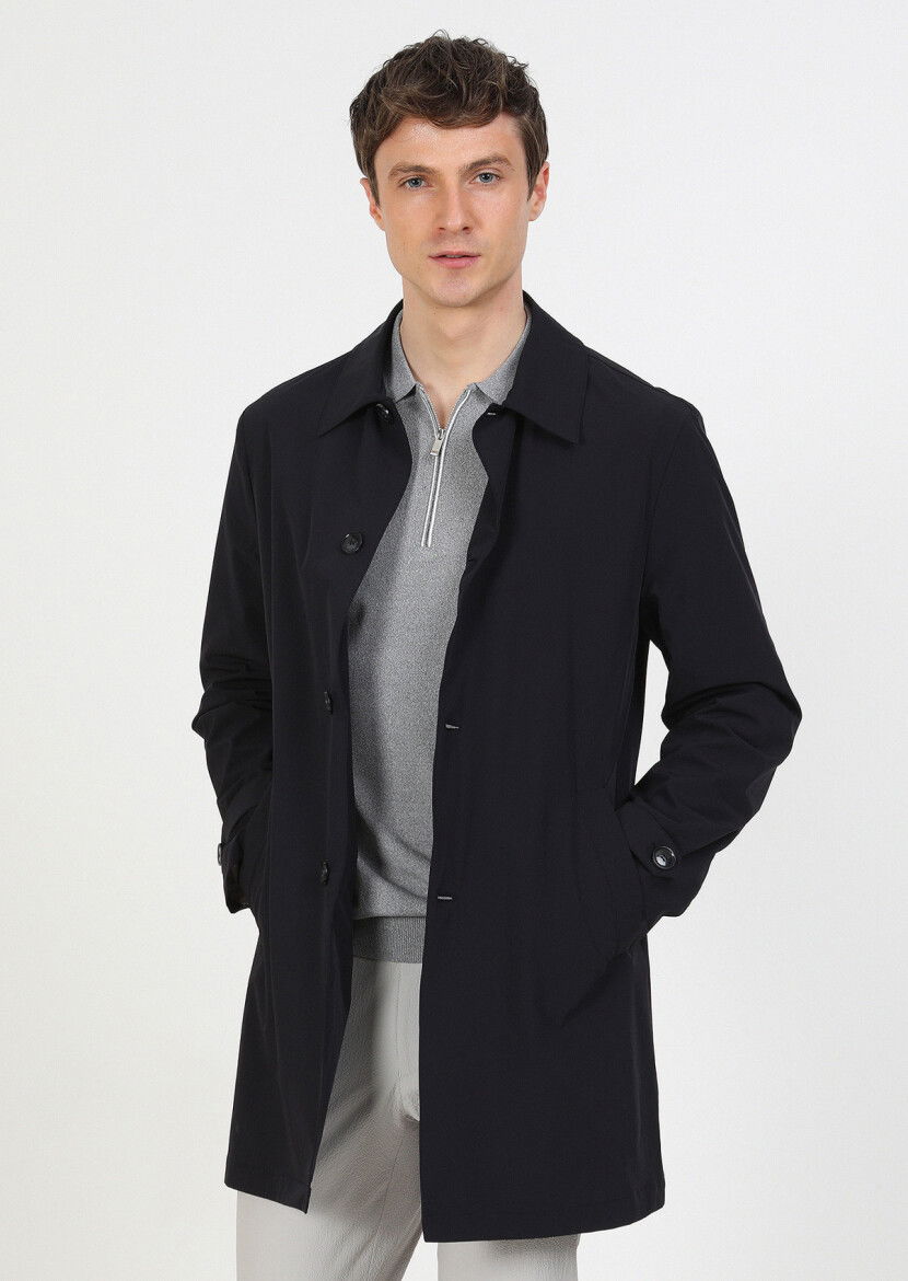 Navy Blue Weaving Rain Coat - 3