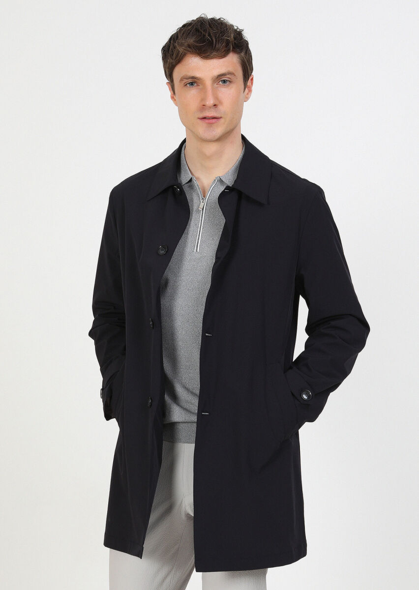 Navy Blue Weaving Rain Coat - 3