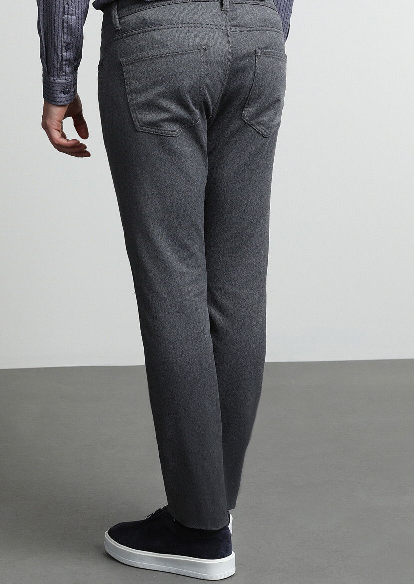 Orta Gri Düz Dokuma Slim Fit Casual Pamuk Karışımlı Pantolon - 4