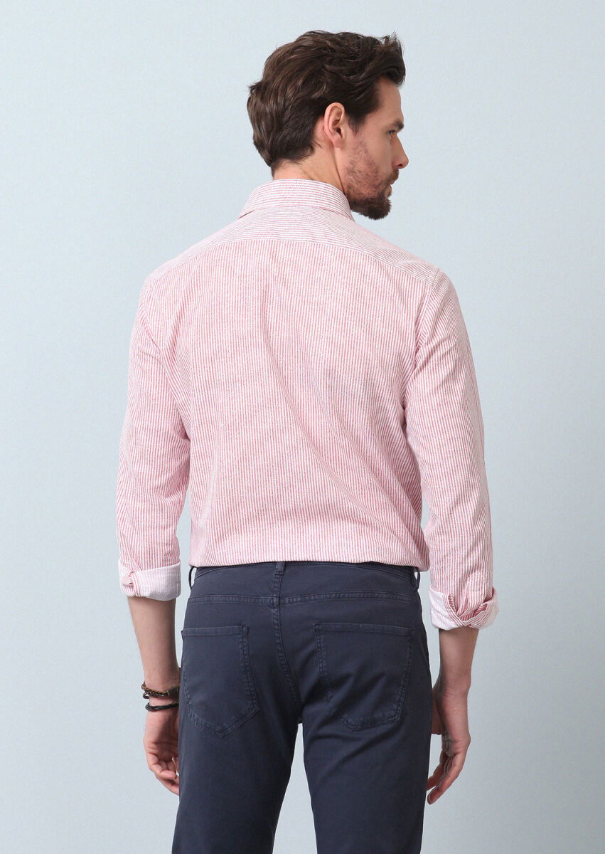 Pembe Baskılı Regular Fit Dokuma Casual %100 Pamuk Gömlek - 6