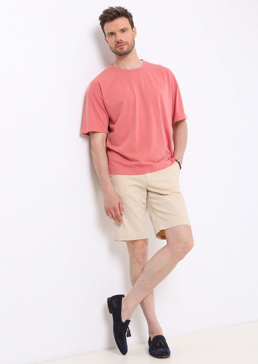 Pembe Düz Bisiklet Yaka %100 Pamuk T-Shirt - 2