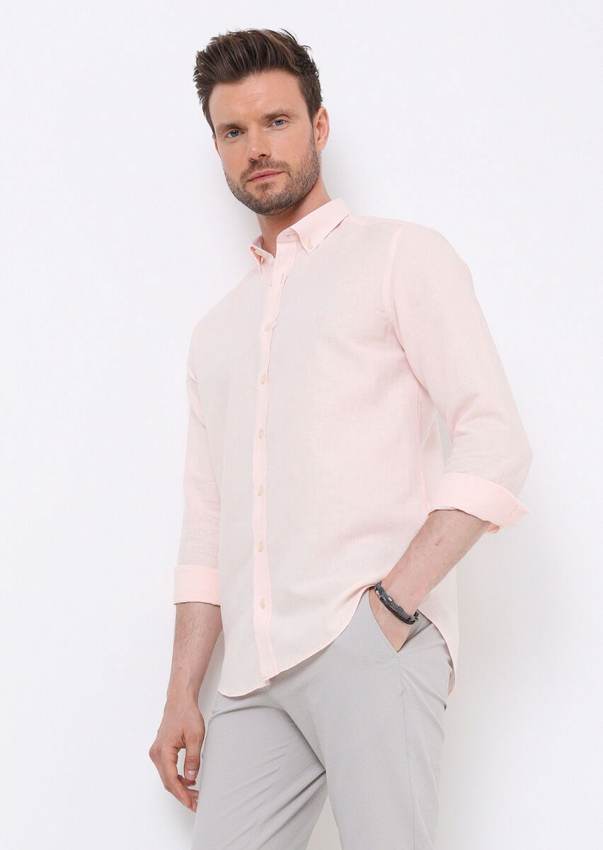 Pembe Düz Regular Fit Dokuma Casual Pamuk Karışımlı Gömlek - 4