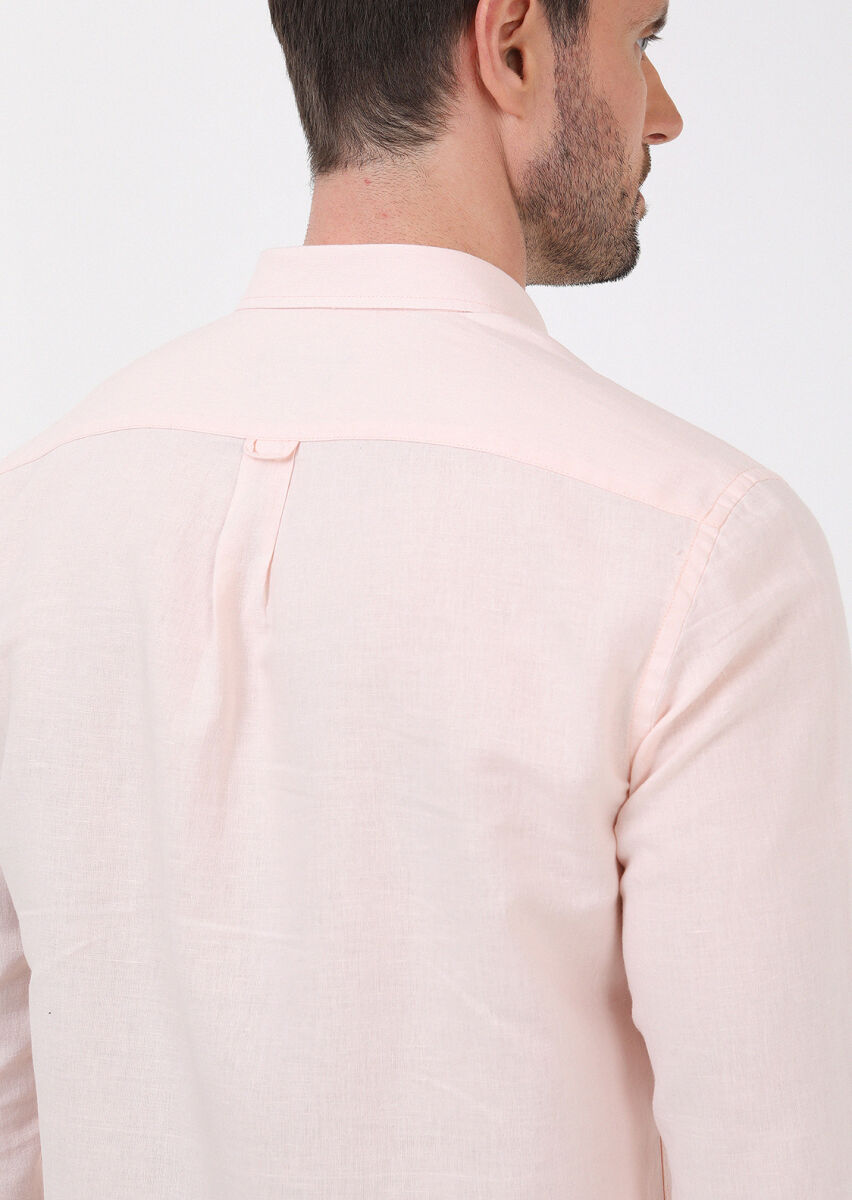 Pembe Düz Regular Fit Dokuma Casual Pamuk Karışımlı Gömlek - 5
