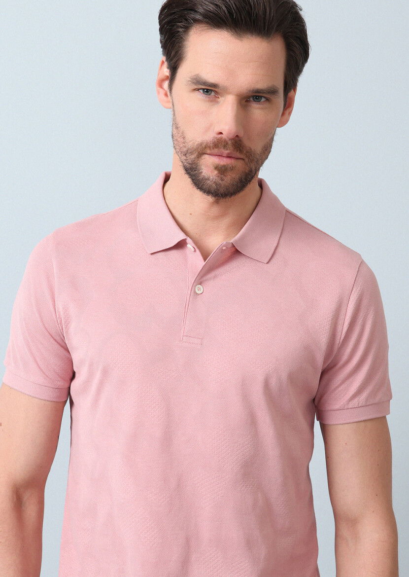 Pembe Jakarlı Polo Yaka %100 Pamuk T-Shirt 