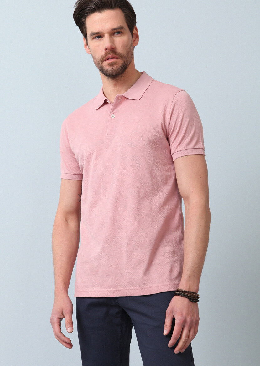 Pembe Jakarlı Polo Yaka %100 Pamuk T-Shirt - 2