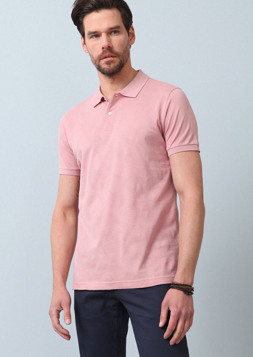 Pembe Jakarlı Polo Yaka %100 Pamuk T-Shirt - 2
