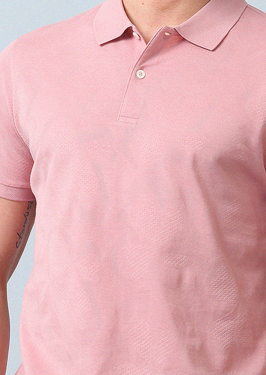 Pembe Jakarlı Polo Yaka %100 Pamuk T-Shirt - 3