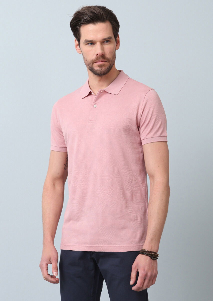 Pembe Jakarlı Polo Yaka %100 Pamuk T-Shirt - 4