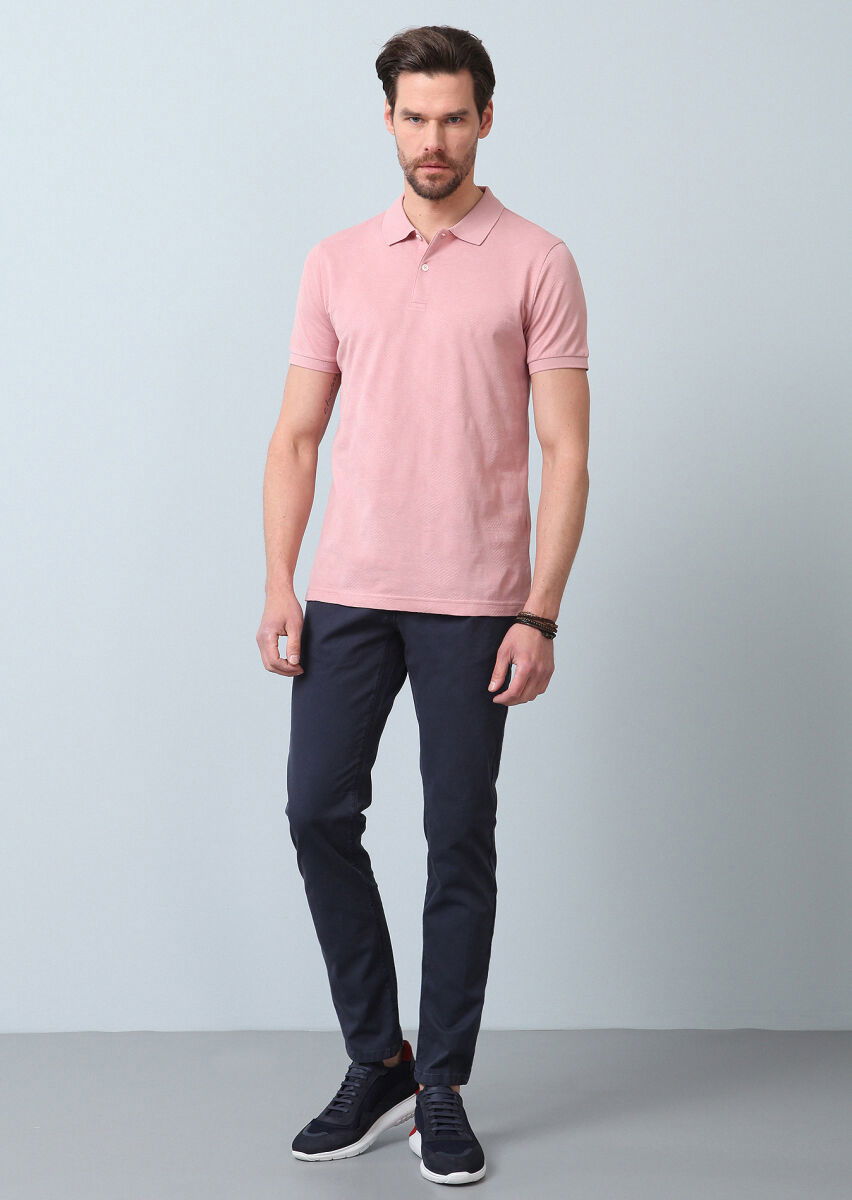 Pembe Jakarlı Polo Yaka %100 Pamuk T-Shirt - 5