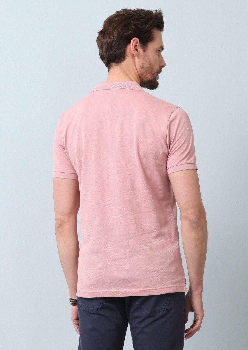 Pembe Jakarlı Polo Yaka %100 Pamuk T-Shirt - 6