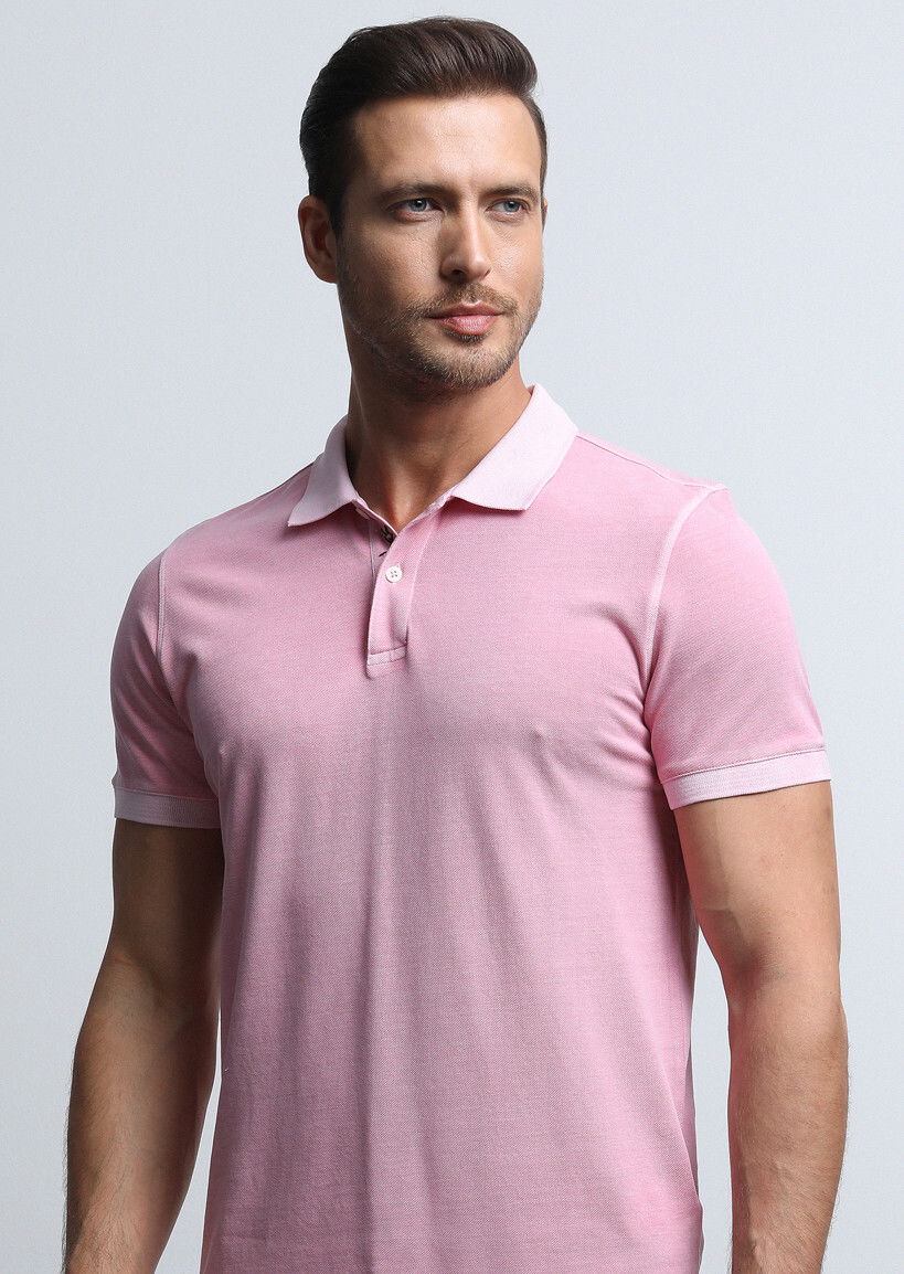 Pembe Jakarlı Polo Yaka %100 Pamuk T-Shirt 