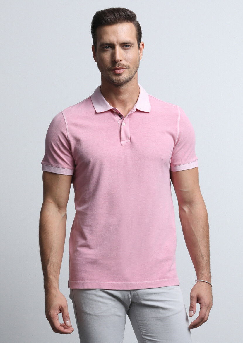 Pembe Jakarlı Polo Yaka %100 Pamuk T-Shirt - 3