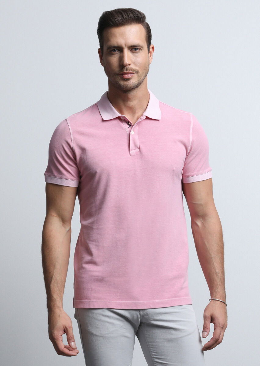 Pembe Jakarlı Polo Yaka %100 Pamuk T-Shirt - 3