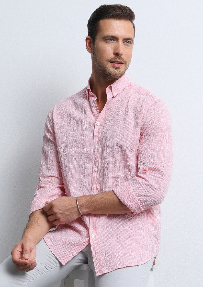 Pembe Kareli Regular Fit Dokuma Denim Pamuk Karışımlı Gömlek - 1