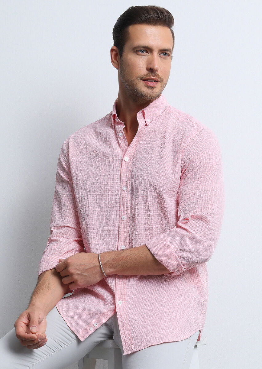 Pembe Kareli Regular Fit Dokuma Denim Pamuk Karışımlı Gömlek - 1