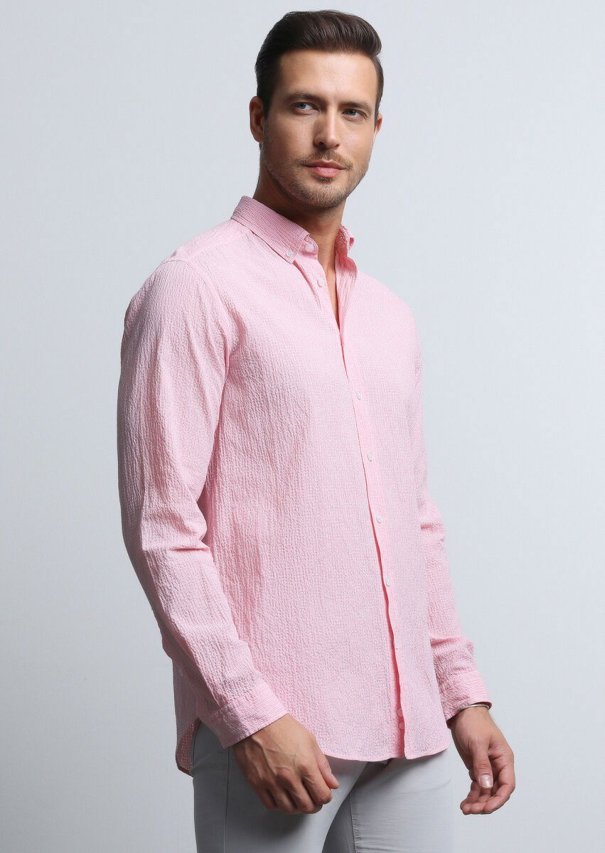 Pembe Kareli Regular Fit Dokuma Denim Pamuk Karışımlı Gömlek - 3