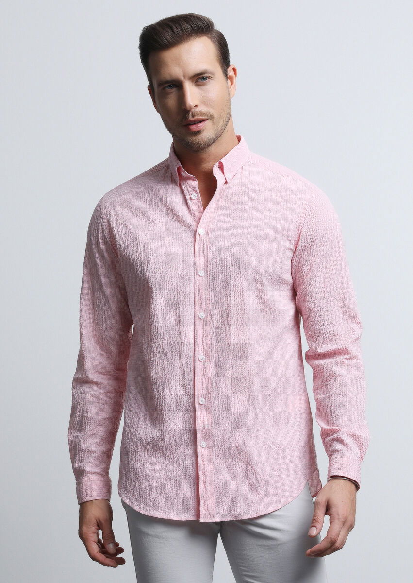 Pembe Kareli Regular Fit Dokuma Denim Pamuk Karışımlı Gömlek - 4
