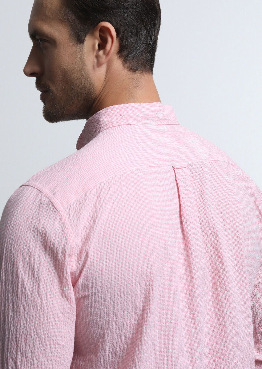 Pembe Kareli Regular Fit Dokuma Denim Pamuk Karışımlı Gömlek - 5