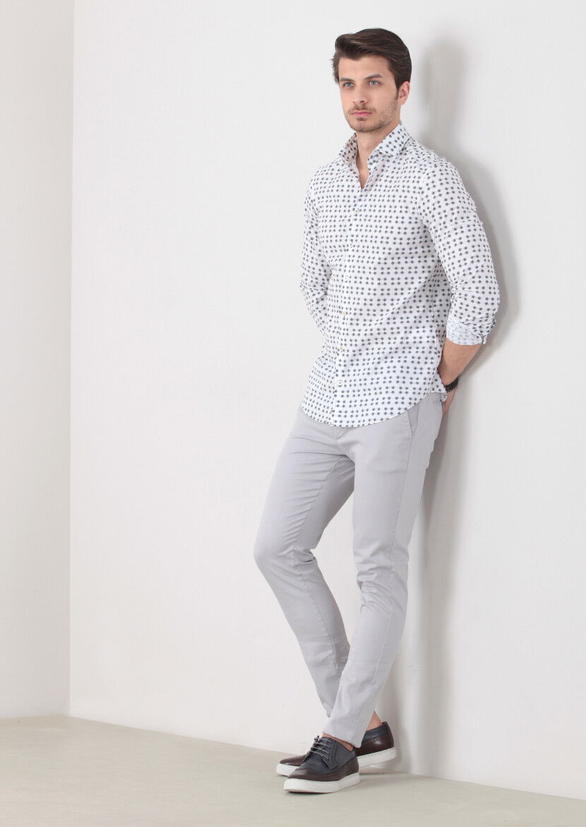 Petrol Baskılı Slim Fit Dokuma Casual %100 Pamuk Gömlek 