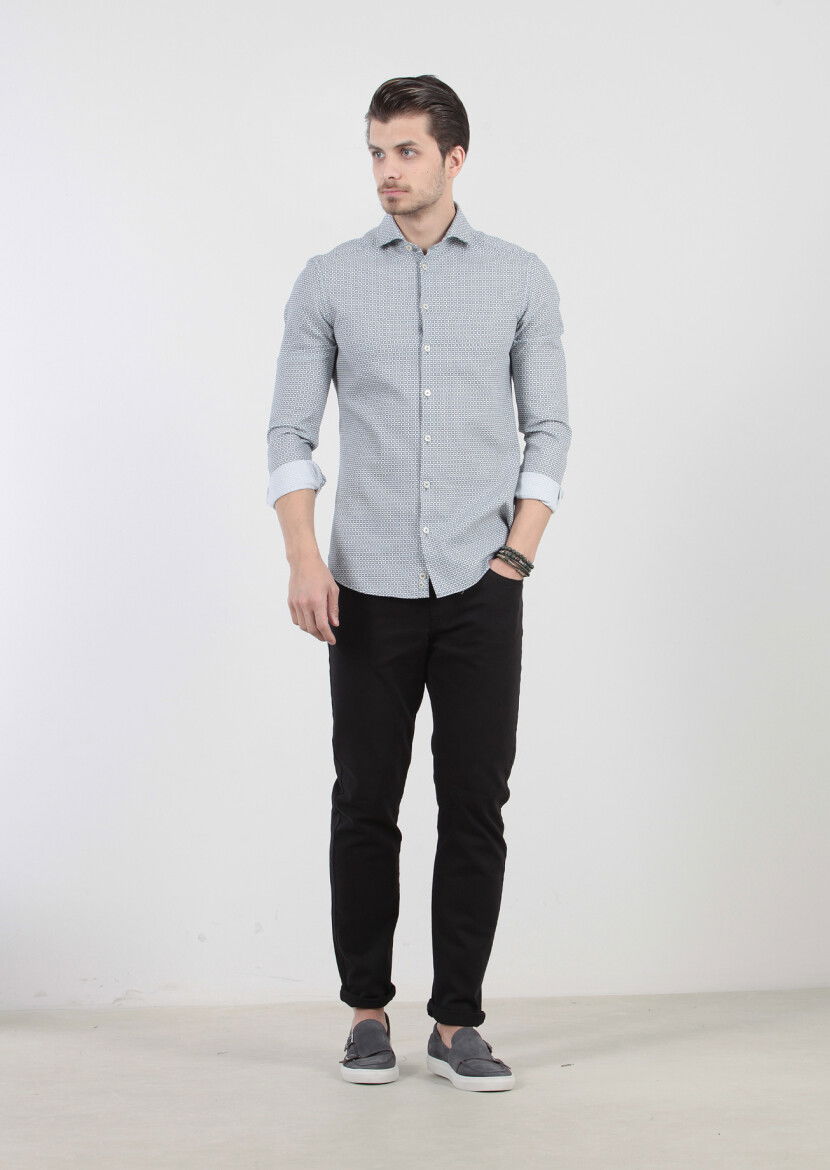 Petrol Baskılı Slim Fit Dokuma Casual %100 Pamuk Gömlek 