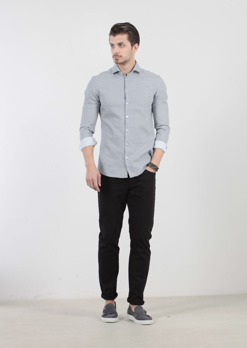 Petrol Baskılı Slim Fit Dokuma Casual %100 Pamuk Gömlek - 1