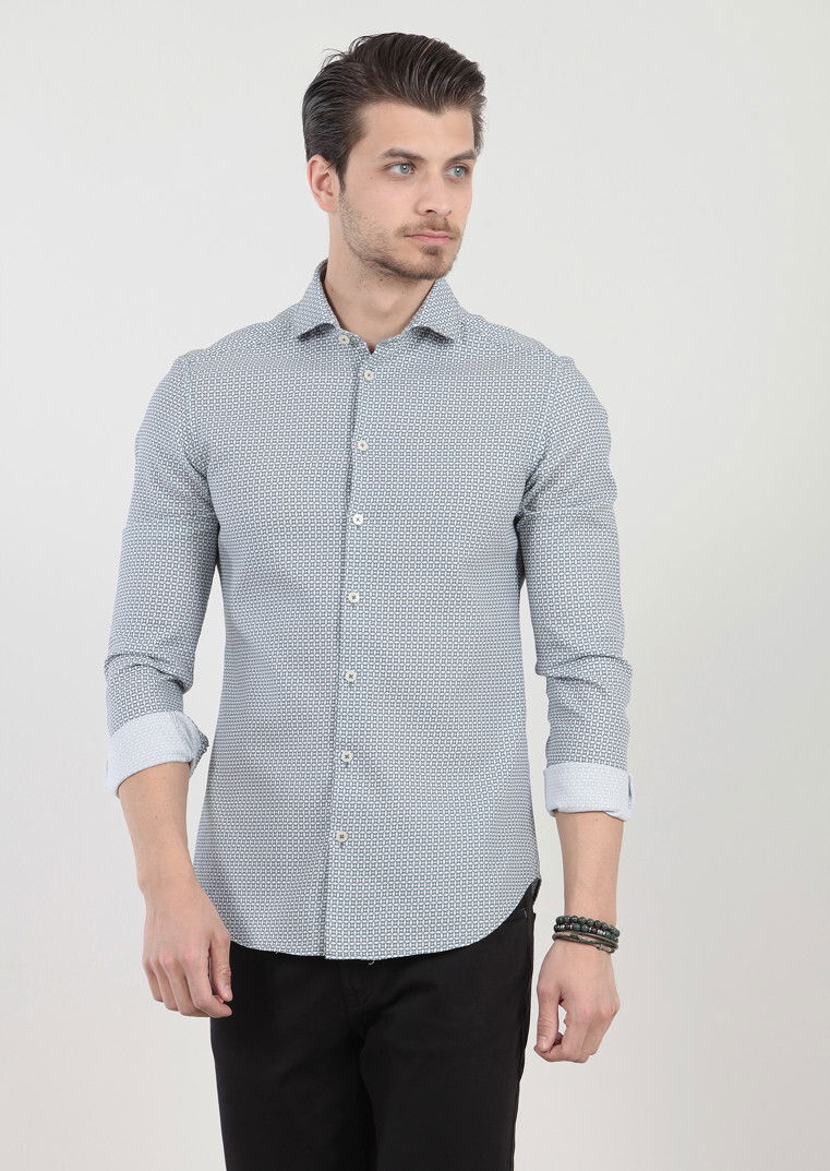 Petrol Baskılı Slim Fit Dokuma Casual %100 Pamuk Gömlek - 2