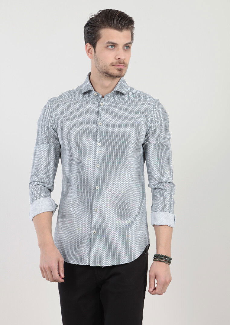 Petrol Baskılı Slim Fit Dokuma Casual %100 Pamuk Gömlek - 2