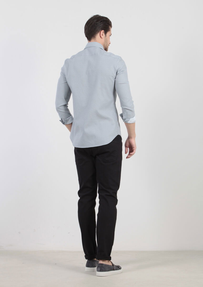 Petrol Baskılı Slim Fit Dokuma Casual %100 Pamuk Gömlek - 4