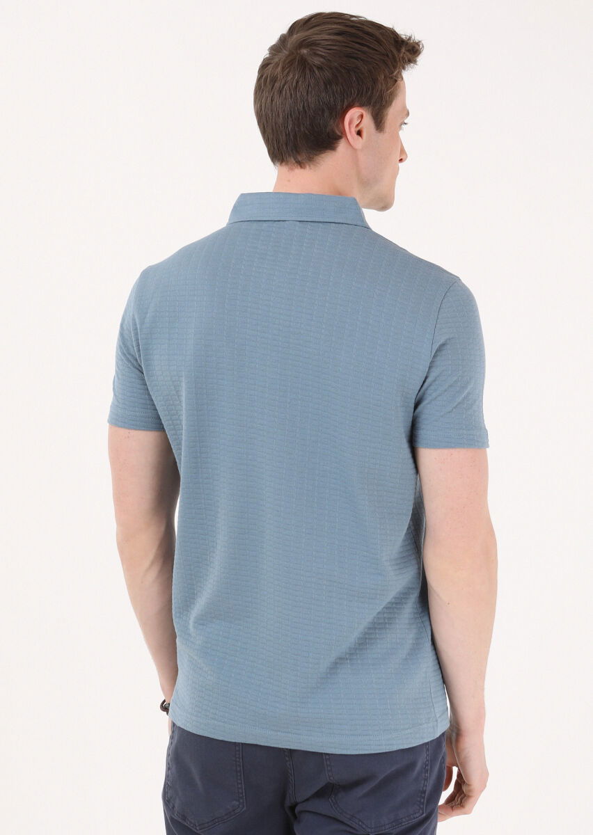 Petrol Blue Jacquard Polo Neck 100% Cotton T-Shirt - 5