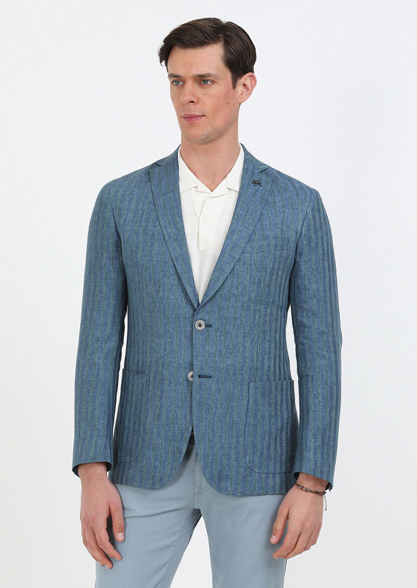 Petrol Desenli Shirt Shoulder Slim Fit %100 Keten Ceket - 1