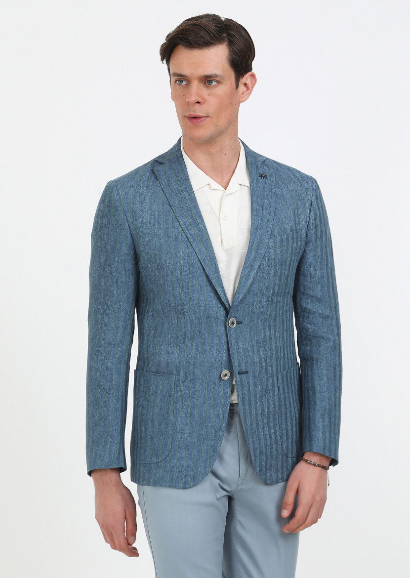 Petrol Desenli Shirt Shoulder Slim Fit %100 Keten Ceket - 3