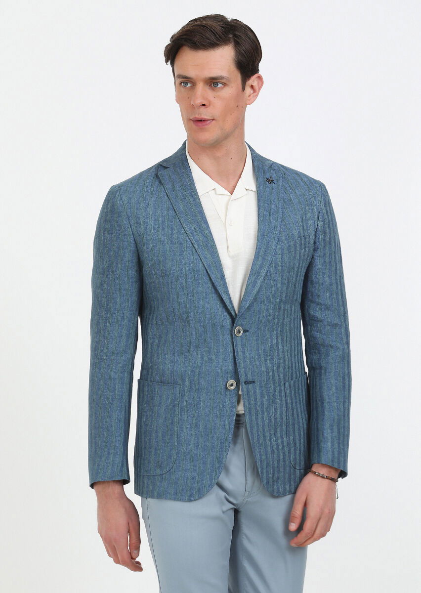 Petrol Desenli Shirt Shoulder Slim Fit %100 Keten Ceket - 3